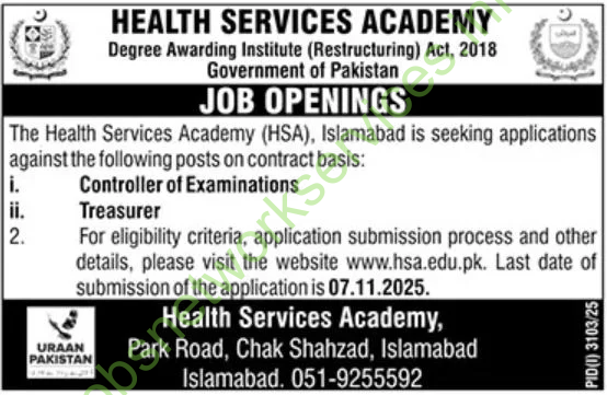 Health Services Academy Islamabad Jobs 2025