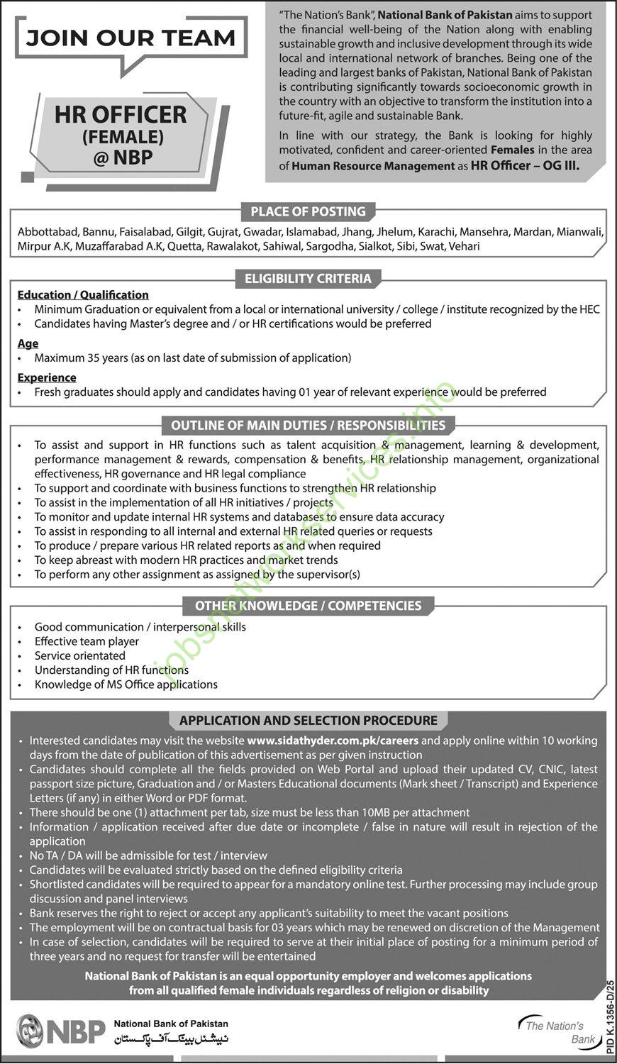 Join Our Team Female NBP Jobs 2025 for HR Officer, Across Pakistan
