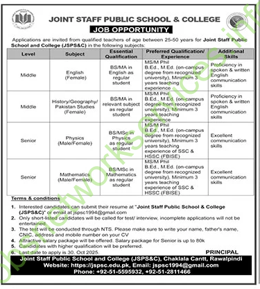 Joint Staff Public School & College Rawalpindi Jobs 2025