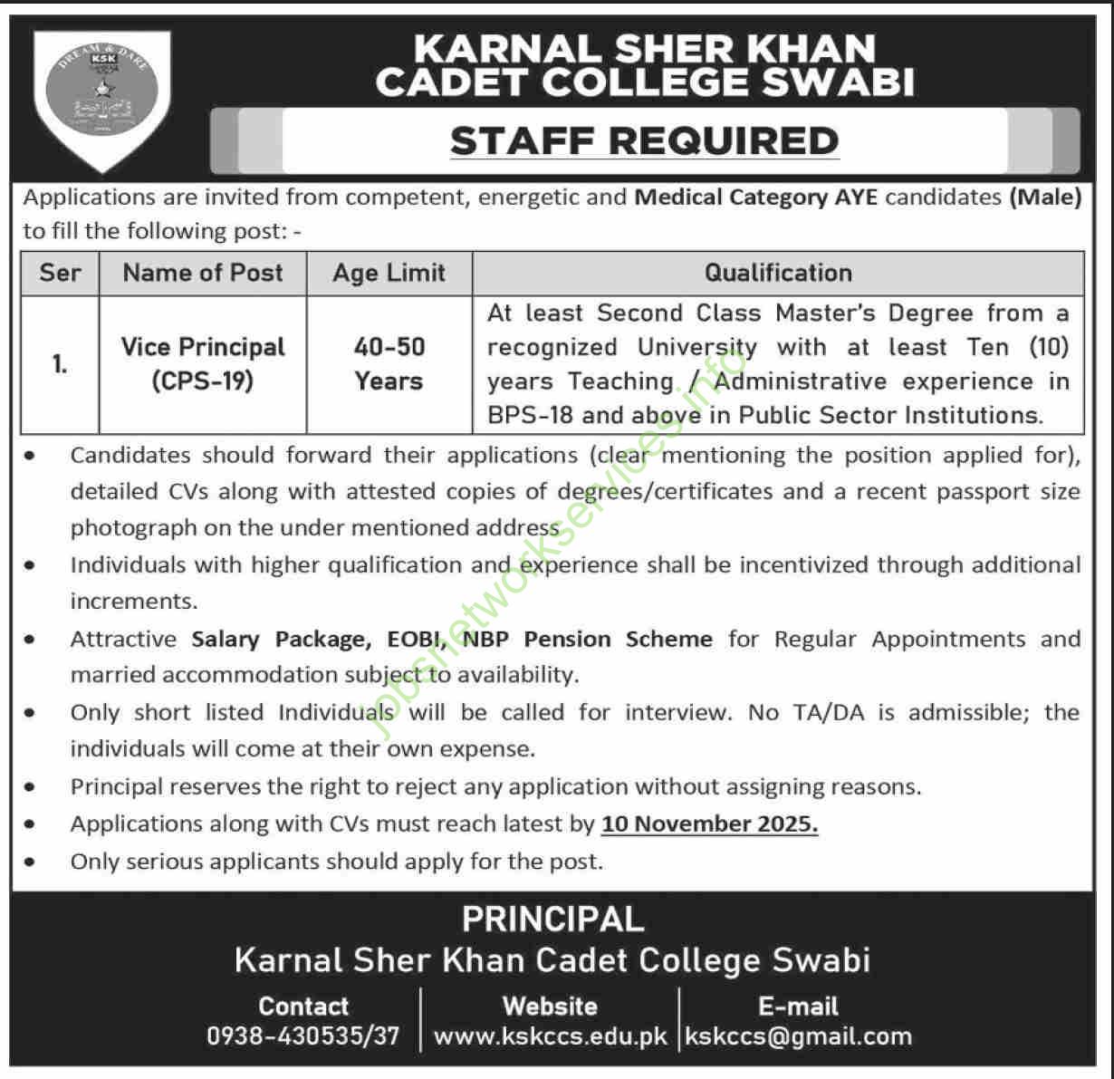 Karnal Sher Khan Cadet College Swabi Jobs 2025 Latest