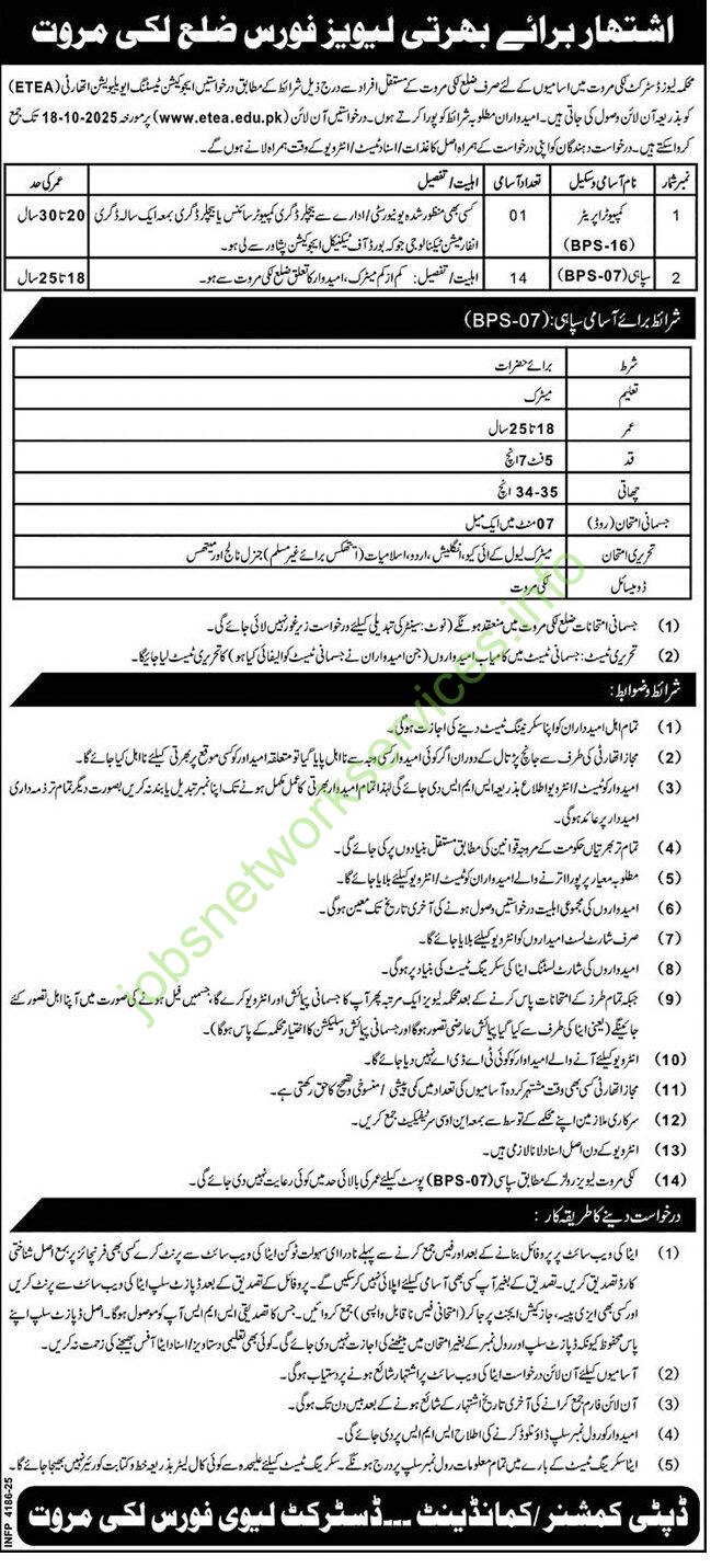 Levies Force District Lakki Marwat Jobs 2025 for Constables