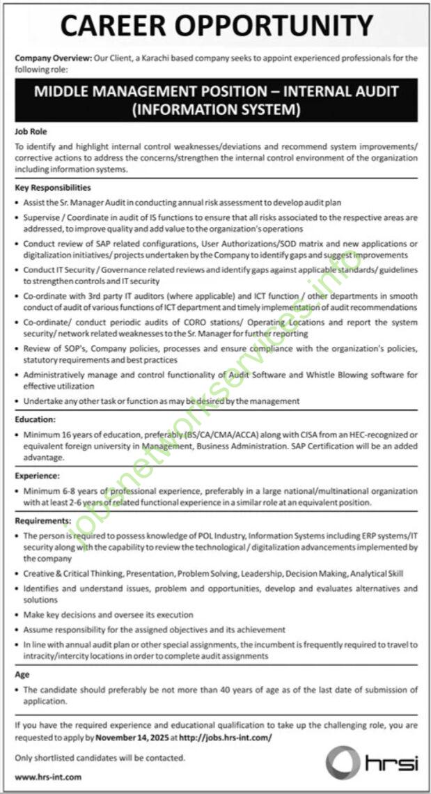Middle Management Position Internal Audit Jobs 2025 Latest