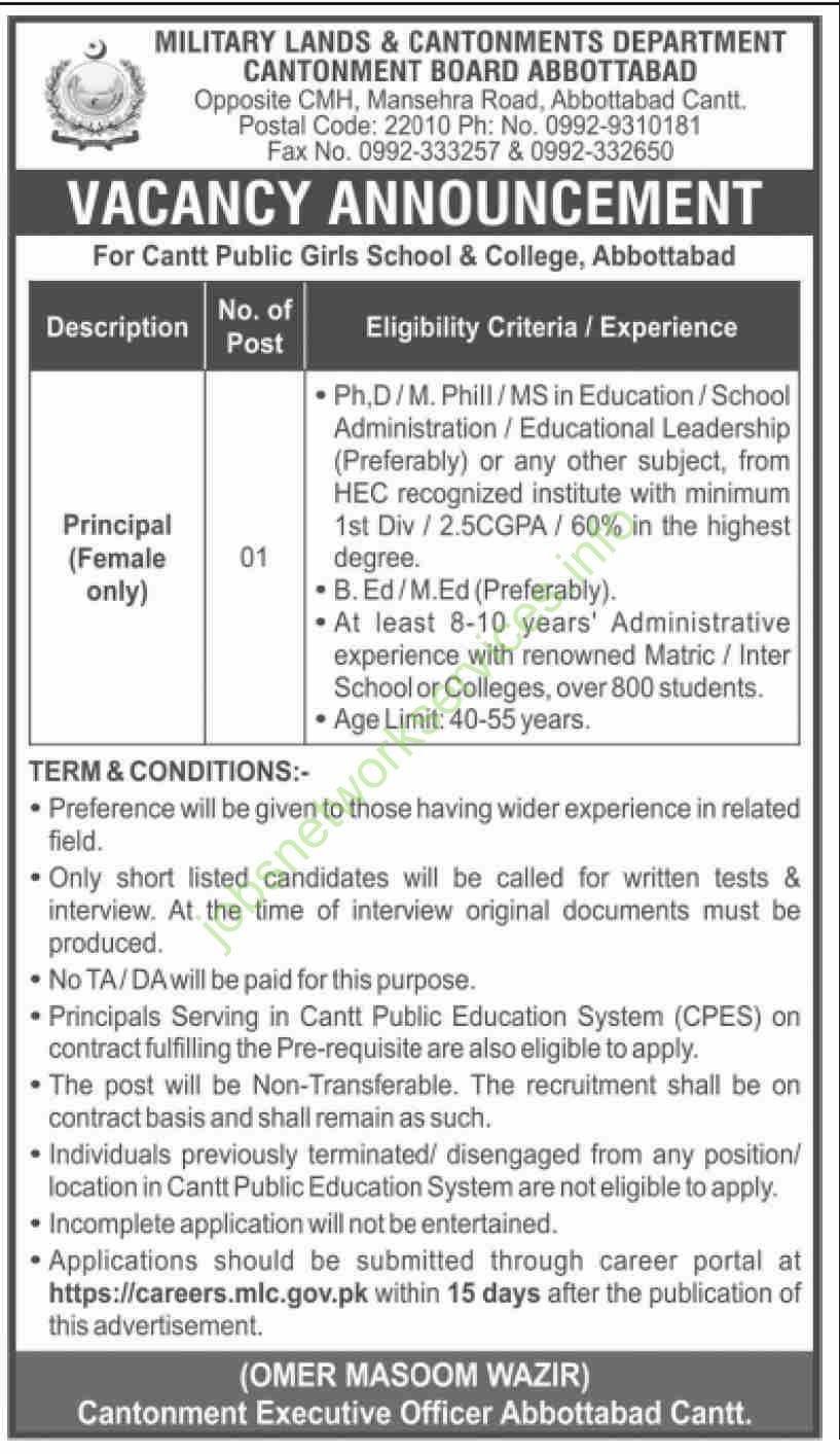 Military Lands & Cantonments Department Abbottabad Jobs 2025