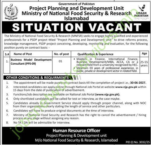 Ministry of National Food Security & Research MNFSR Jobs 2025