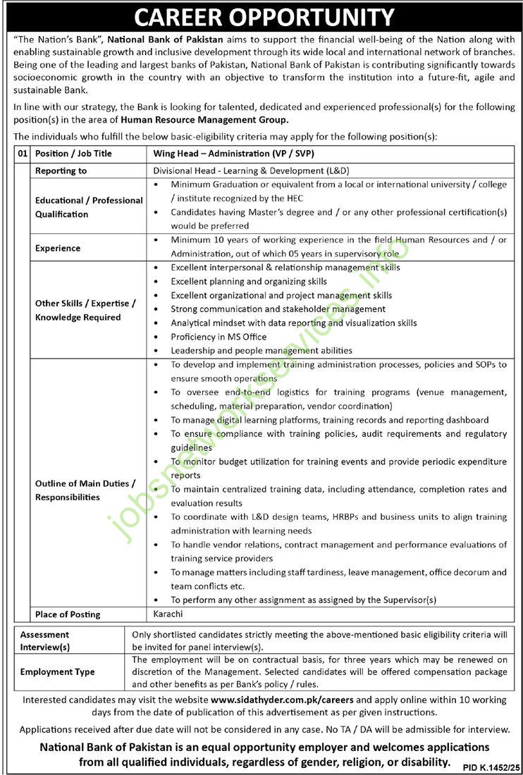 NBP Wing Head Administration Jobs 2025 Latest