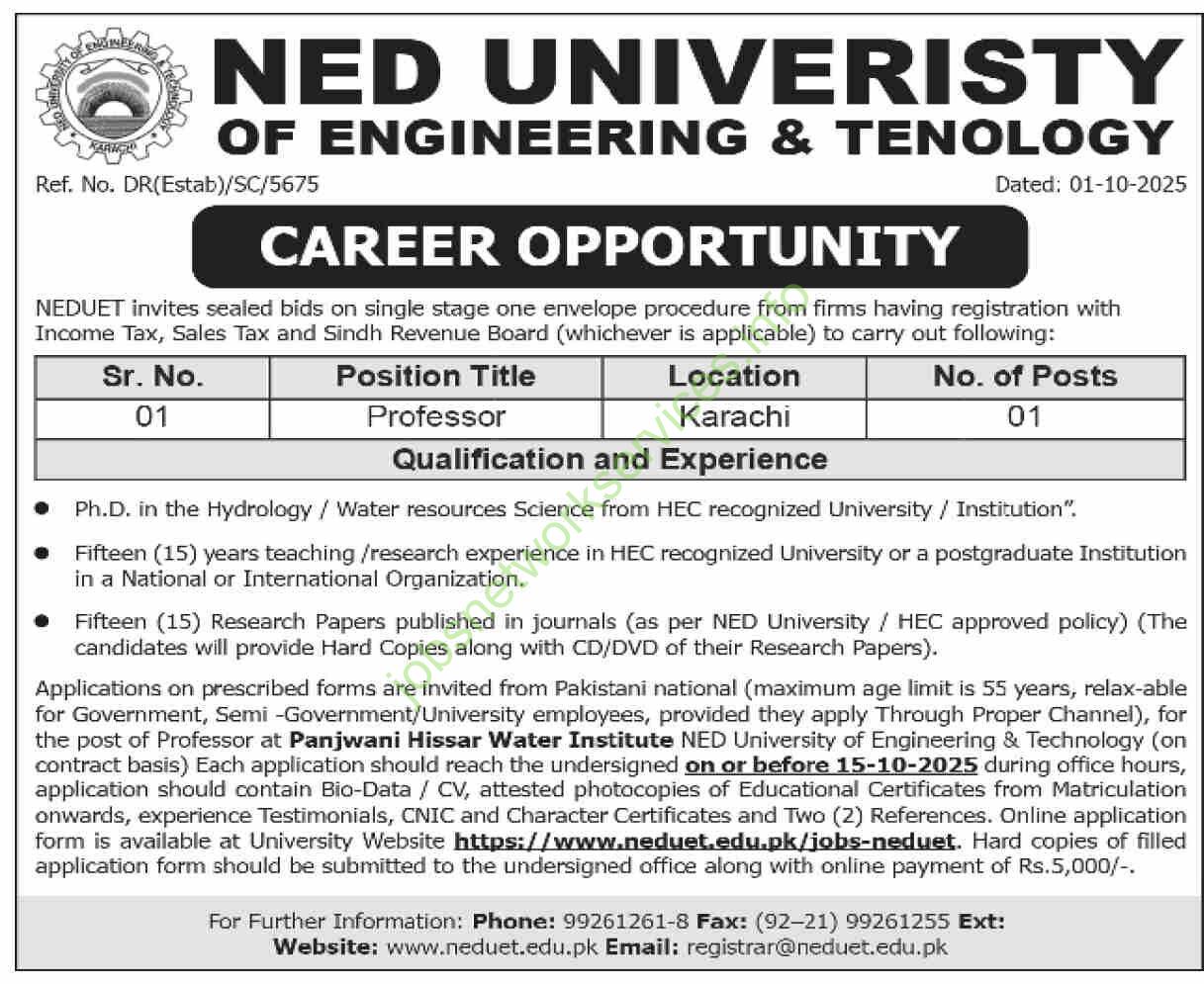 NED University of Engineering & Technology NEDUET Jobs 2025