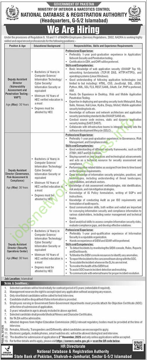 Nadra New Jobs 2025 for Deputy Assistant Directors Latest