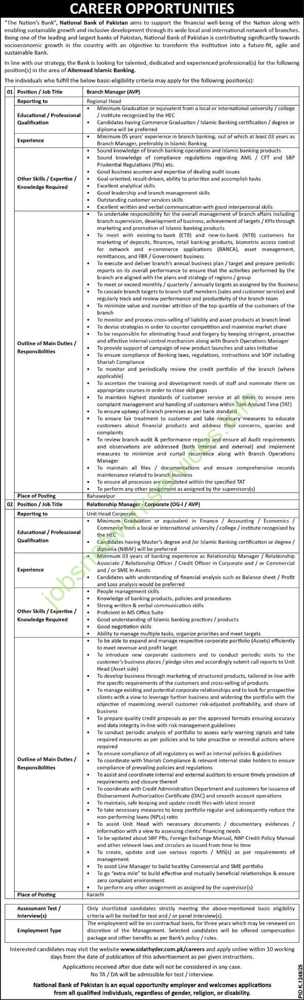 National Bank Of Pakistan Branch Manager Jobs 2025