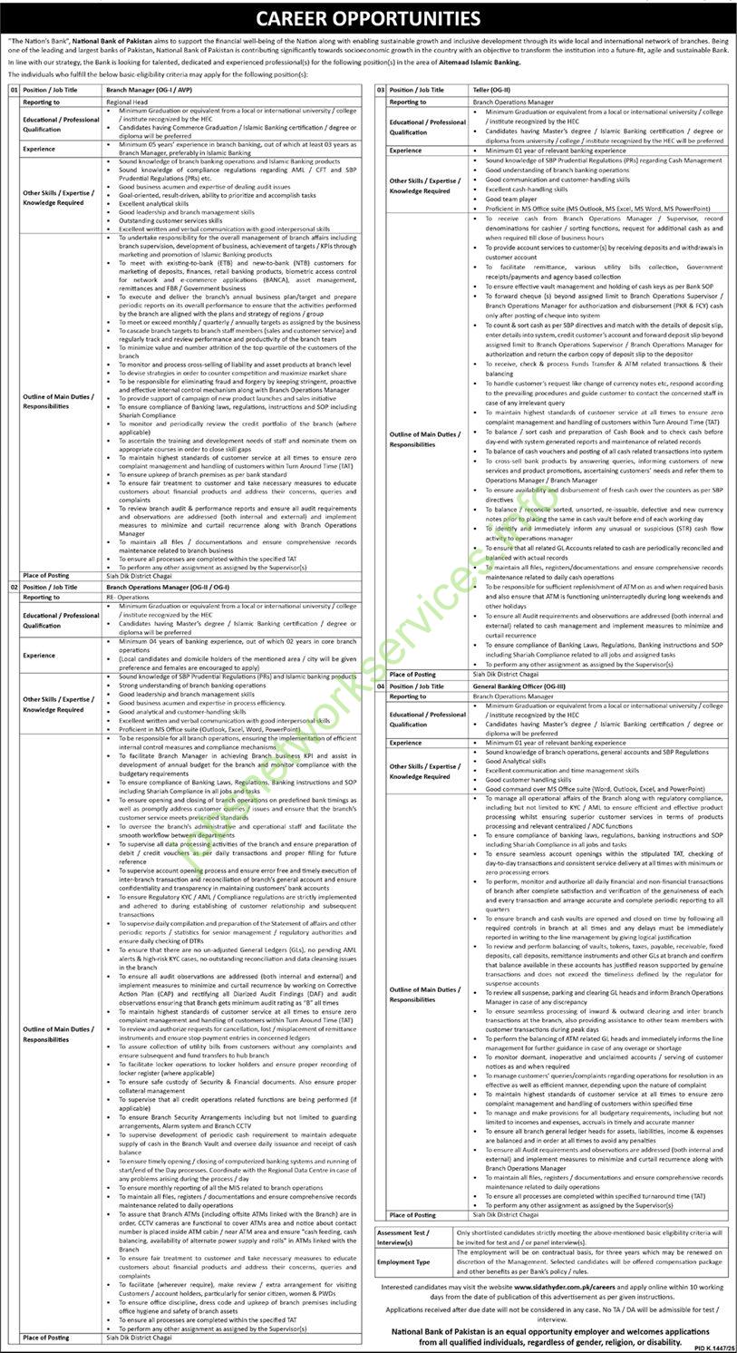 National Bank of Pakistan NBP Jobs 2025 for Branch Manager, Teller, GBO, Branch Operations Manager