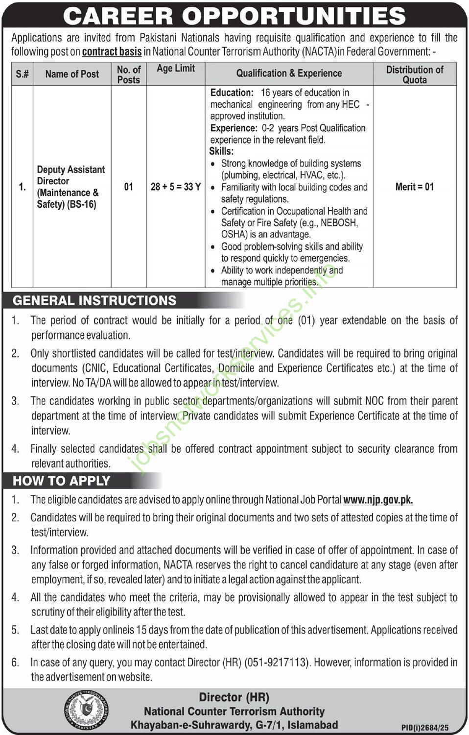 National Counter Terrorism Authority NACTA Jobs 2025 at Federal Government Jobs