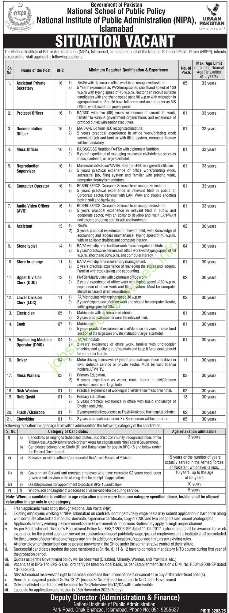 National Institute of Public Administration NIPA Islamabad Jobs 2025