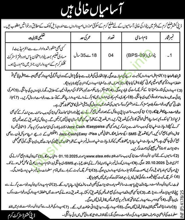 Office of the Deputy Commissioner DC Kurram Jobs 2025 for Patwari
