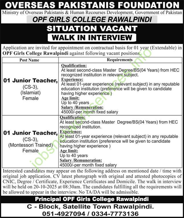Overseas Pakistanis Foundation OPF Jobs 2025