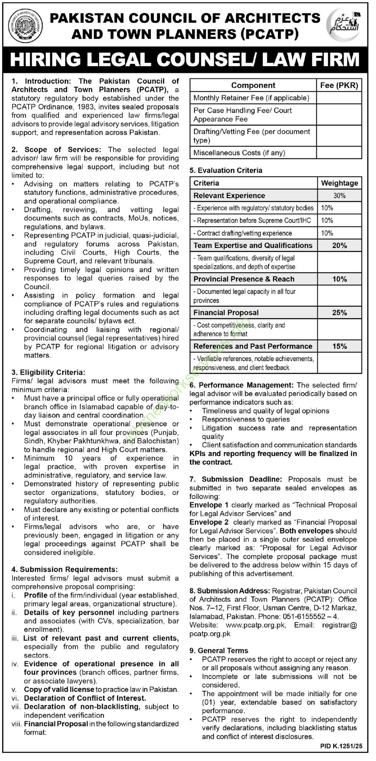 Pakistan Council of Architects and Town Planners PCATP Jobs 2025