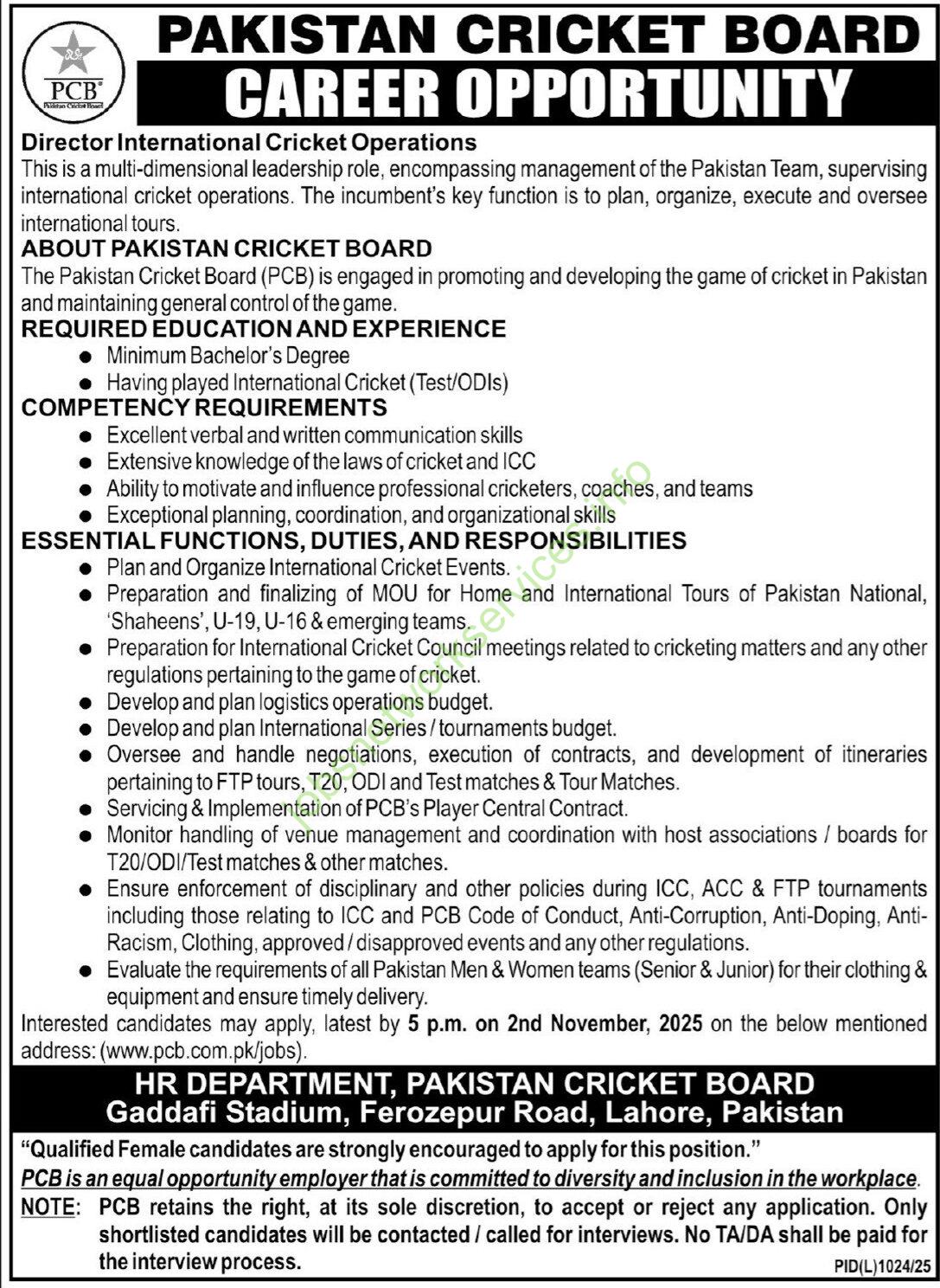 Pakistan Cricket Board PCB Jobs 2025 Apply Online
