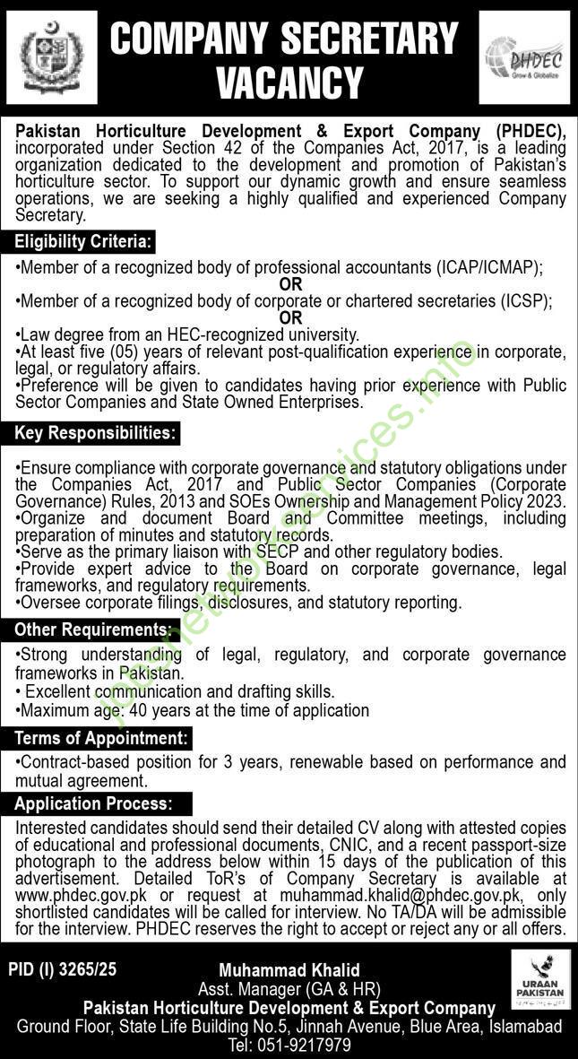 Pakistan Horticulture Development & Export Company PHDEC Jobs 2025