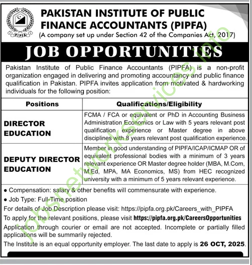Pakistan Institute of Public Finance Accountants PIPFA Jobs 2025