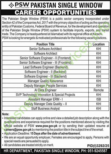 Pakistan Single Window PSW Jobs 2025 Latest