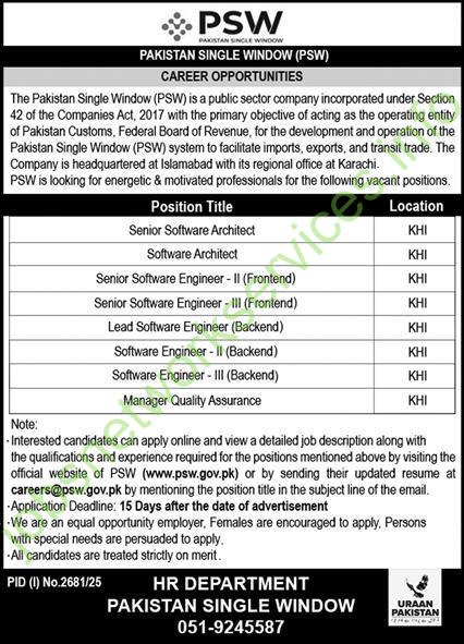 Pakistan Single Window PSW Jobs 2025 for Engineers & Manager Quality Assurance