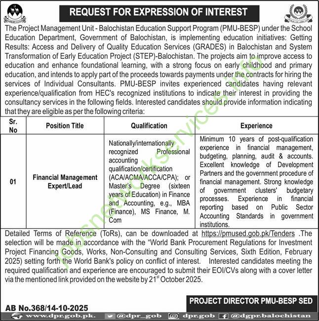 Project Management Unit Balochistan Education Support Program PMU-BESP Jobs 2025