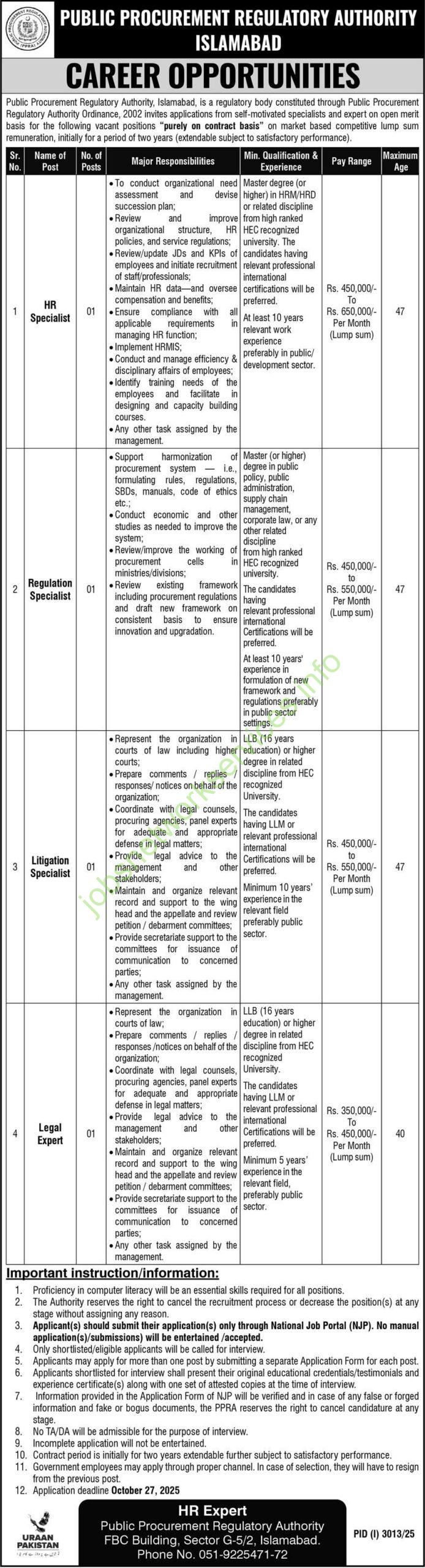 Public Procurement Regulatory Authority Islamabad Jobs 2025