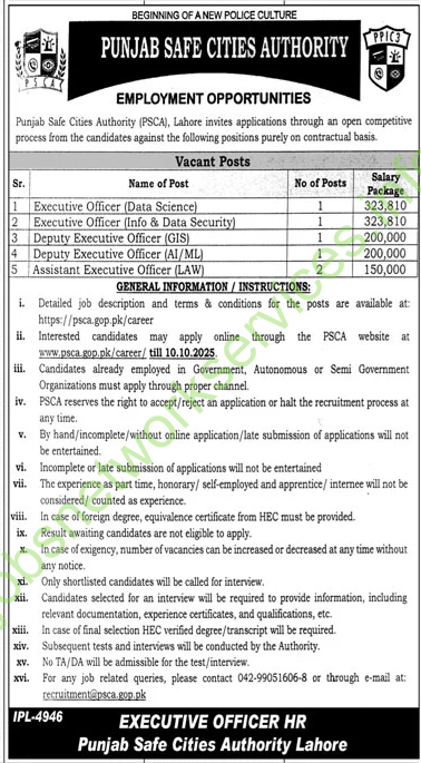 Punjab Safe Cities Authority PSCA Jobs 2025 Apply Online