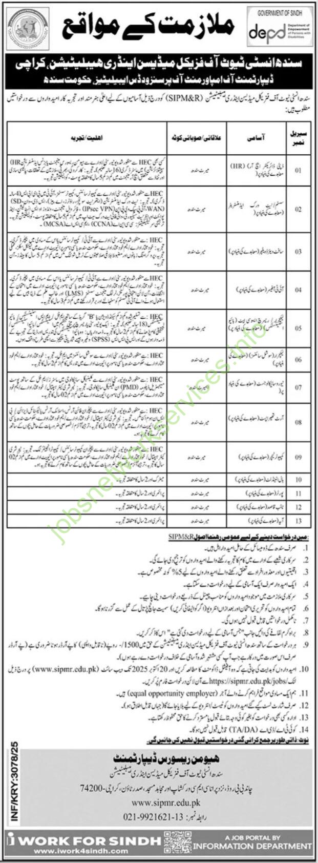 Sindh Institute Of Physical Medicine & Rehabilitation SIPM&R Jobs 2025