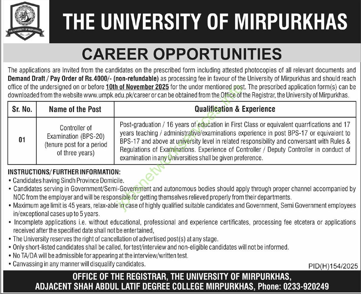The University of Mirpurkhas Jobs 2025 for Controller of Examination
