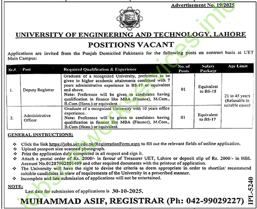 University of Engineering and Technology UET Lahore Jobs 2025