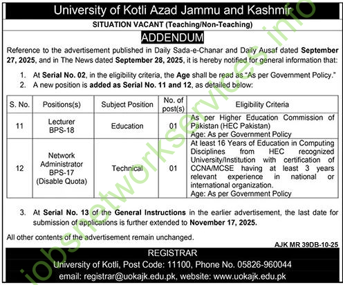 University of Kotli Azad Jammu and Kashmir Jobs 2025