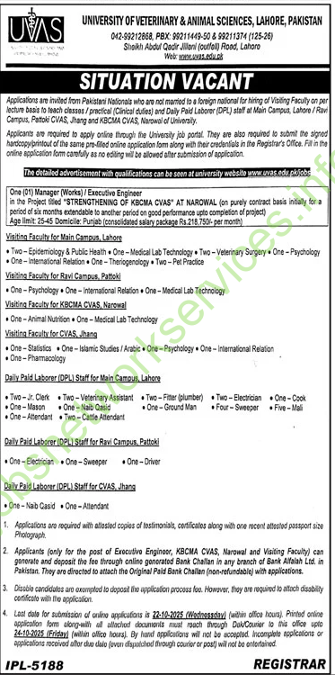 University of Veterinary & Animal Sciences Lahore Pakistan Jobs 2025