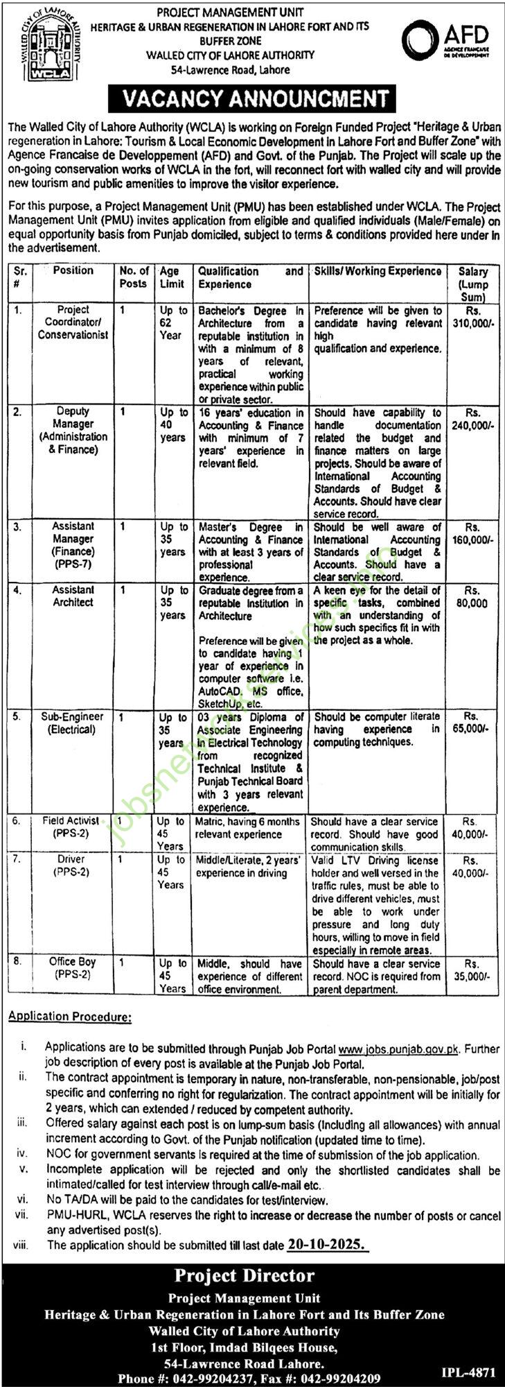 Walled City of Lahore Authority WCLA Jobs 2025