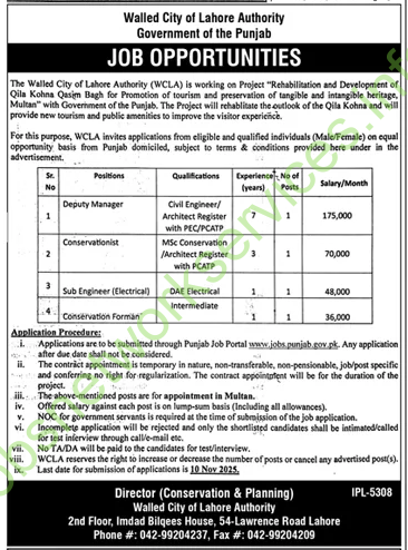 Walled City of Lahore Authority WCLA Jobs 2025