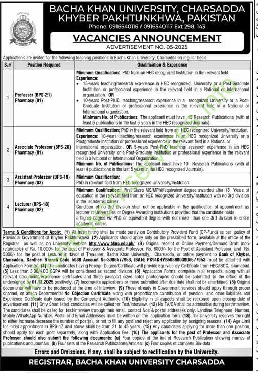 Bacha Khan University Charsadda Jobs 2025 Latest