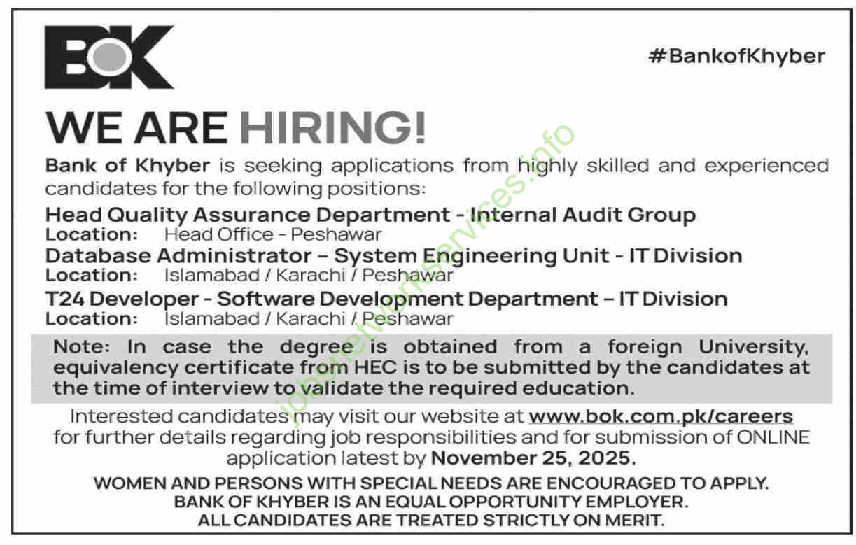 Bank of Khyber BOK Jobs 2025 Latest