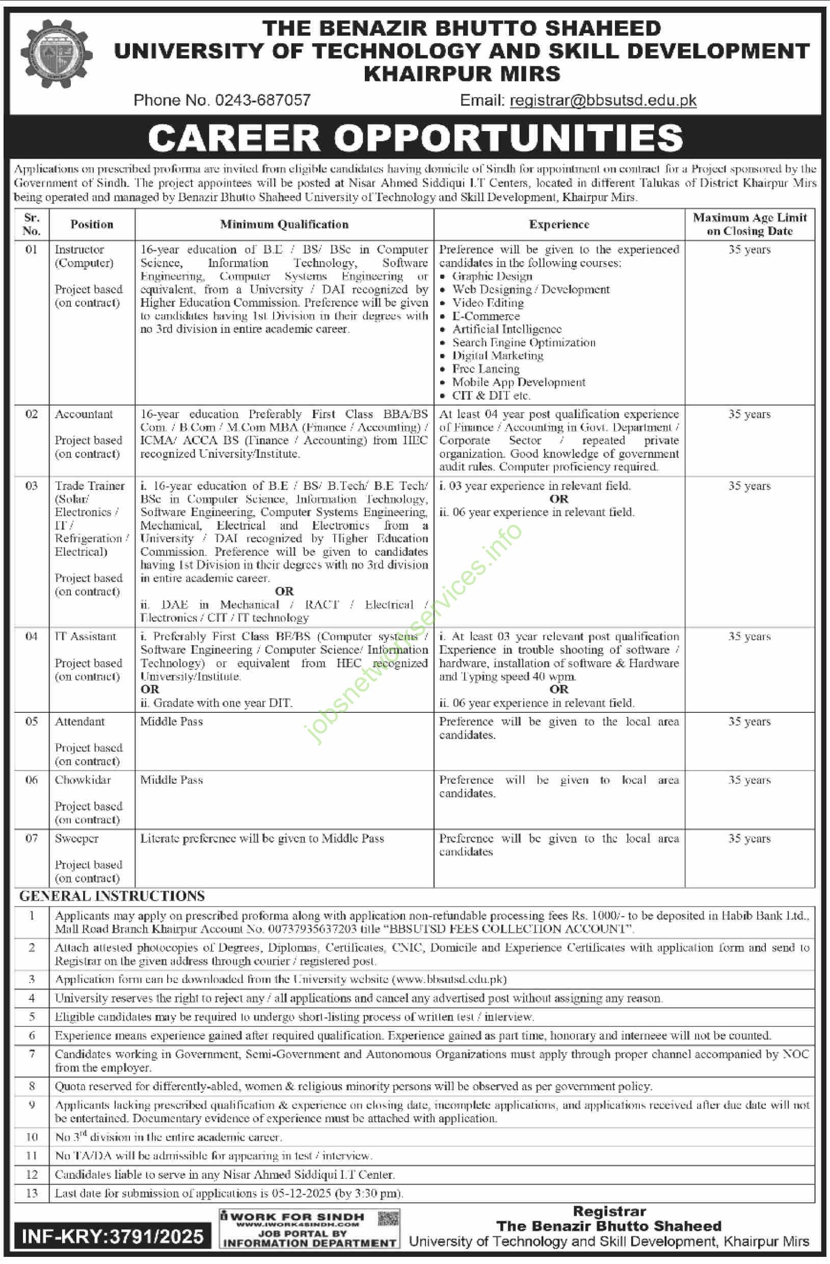 Benazir Bhutto Shaheed University of Technology and Skill Development Khairpur Mirs Jobs 2025 Latest