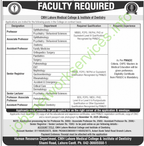 CMH Lahore Medical & Institute of Dentistry Jobs 2025 Latest