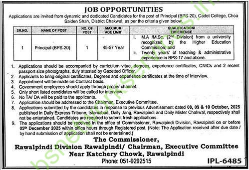 Cadet College Choa Saiden Shah District Chakwal Jobs 2025 Latest
