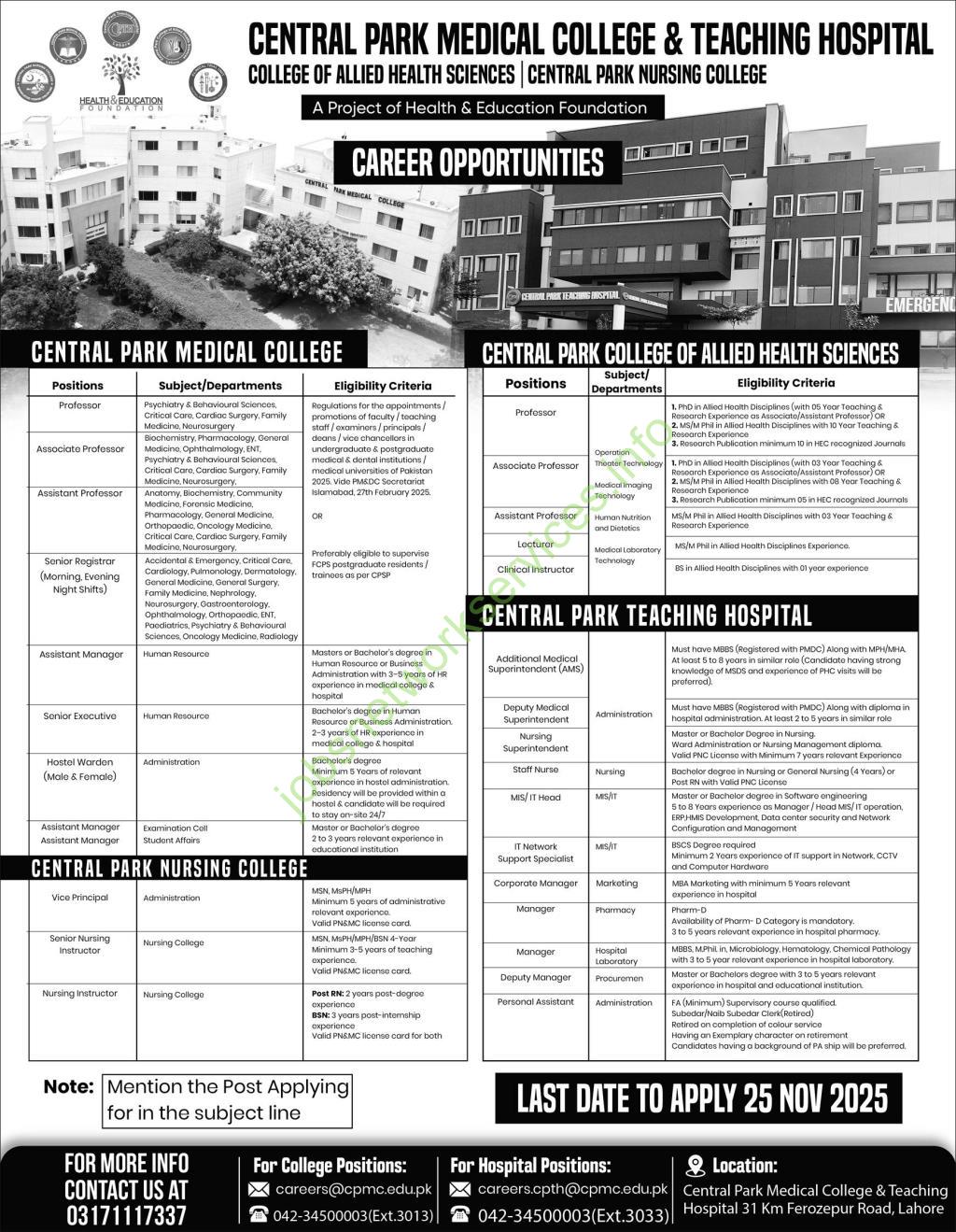 Central Park Medical College & Teaching Hospital Lahore New Jobs 2025 Latest
