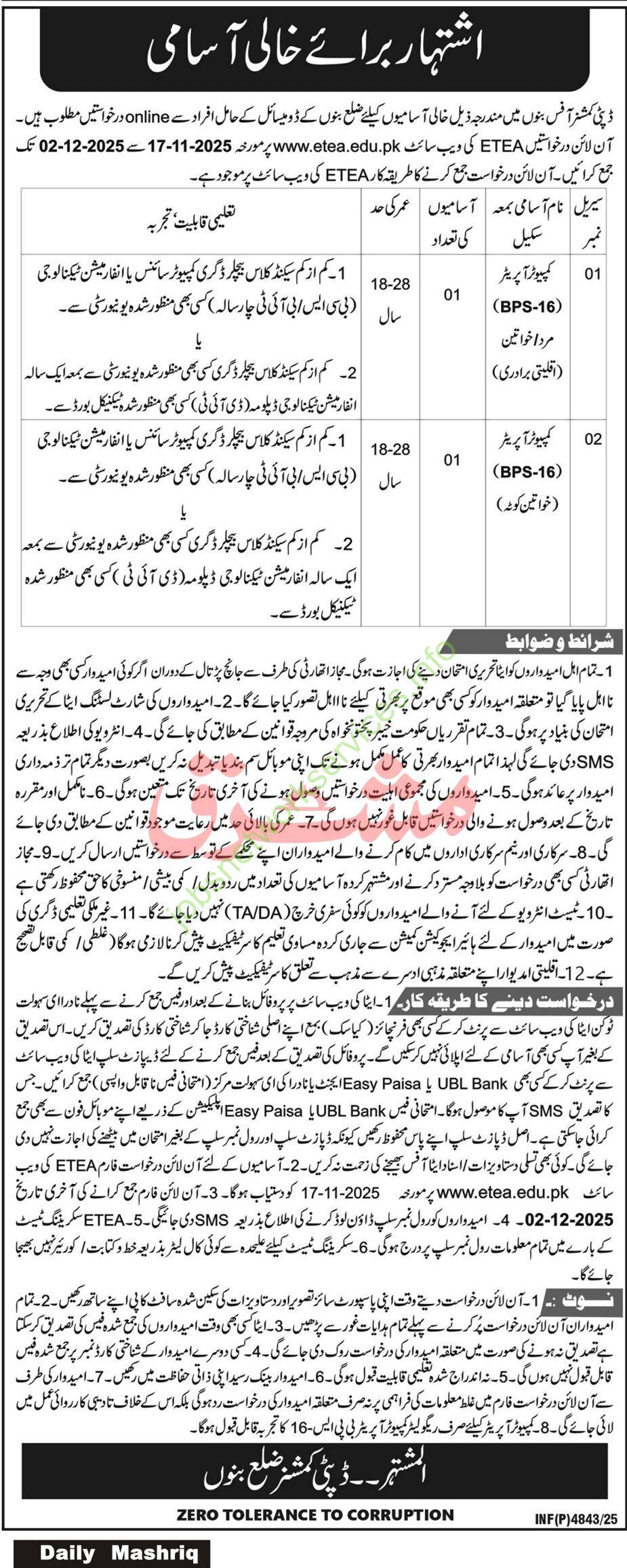 Deputy Commissioner Office Bannu Computer Operator Jobs 2025 Latest