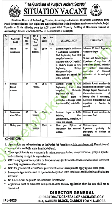 Directorate General of Archology Tourism Archeology and Museums Department Jobs 2025