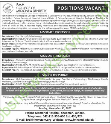 FMH College of Medicine & Dentistry Lahore Jobs 2025 Latest