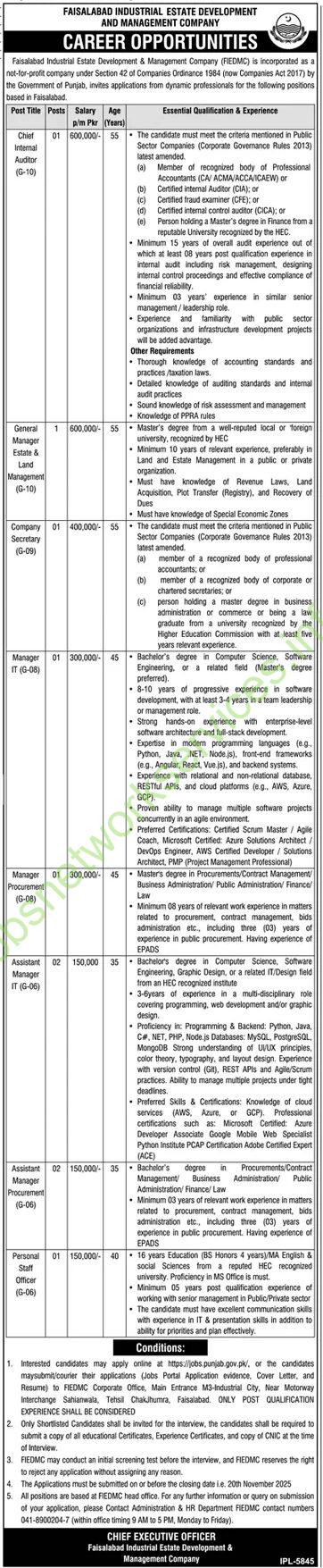 Faisalabad Industrial Estate Development and Management Company FIEDMC Jobs 2025 Latest