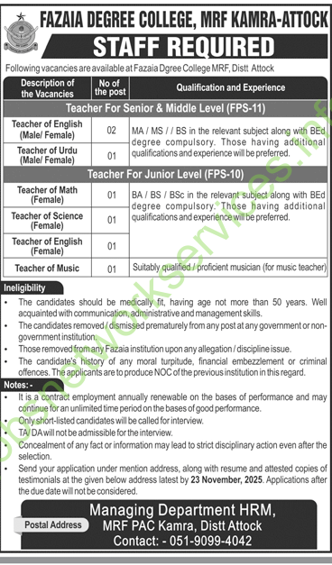 Fazaia Degree College MRF Kamra Attock Jobs 2025 Latest
