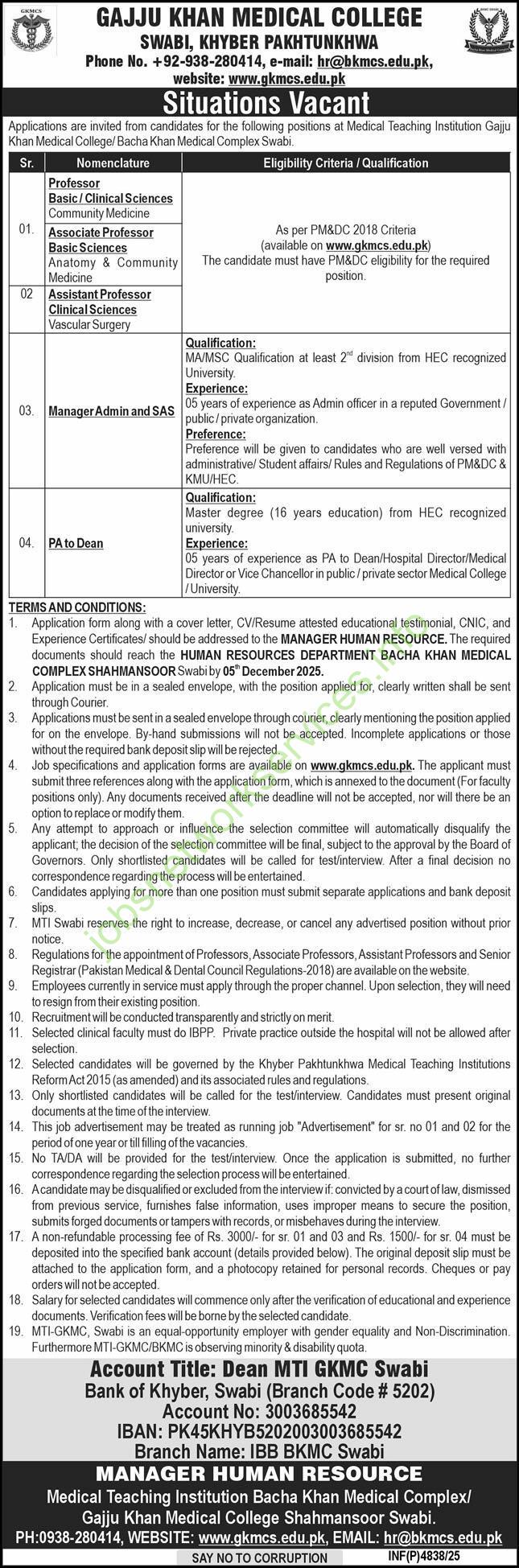 Gajju Khan Medical College GKMC Jobs 2025 Latest