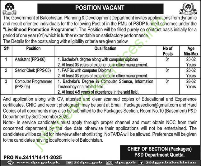 Government of Balochistan Planning & Development Department Jobs 2025 Latest