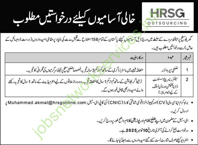 HRSG Outsourcing Pakistan Jobs 2025 for District Supervisor, Senior Research Assistant