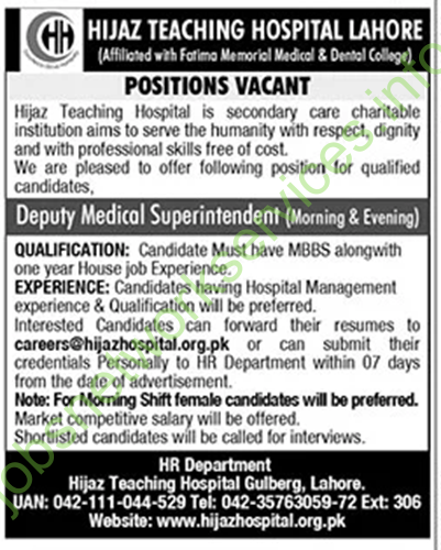 Hijaz Teaching Hospital Lahore Jobs 2025