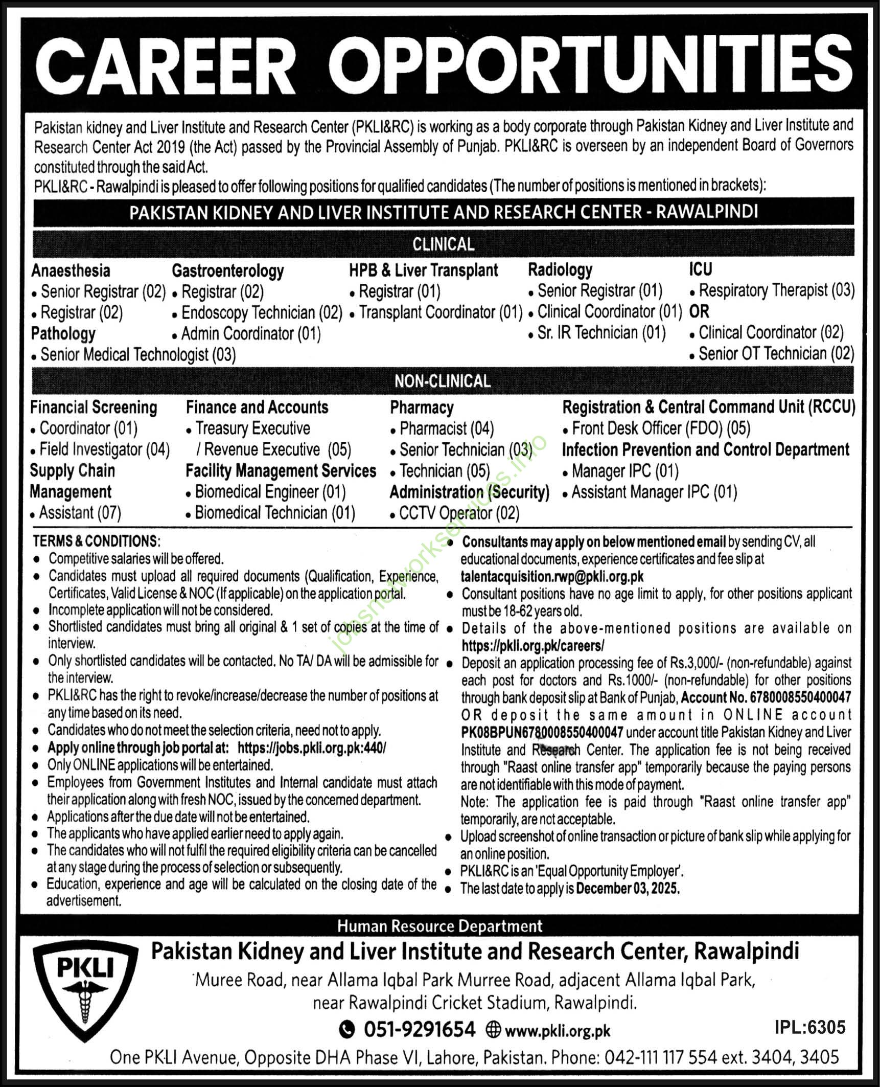 Jobs in Pakistan Kidney and Liver Institute and Research Center (PKLI&RC) November 2025