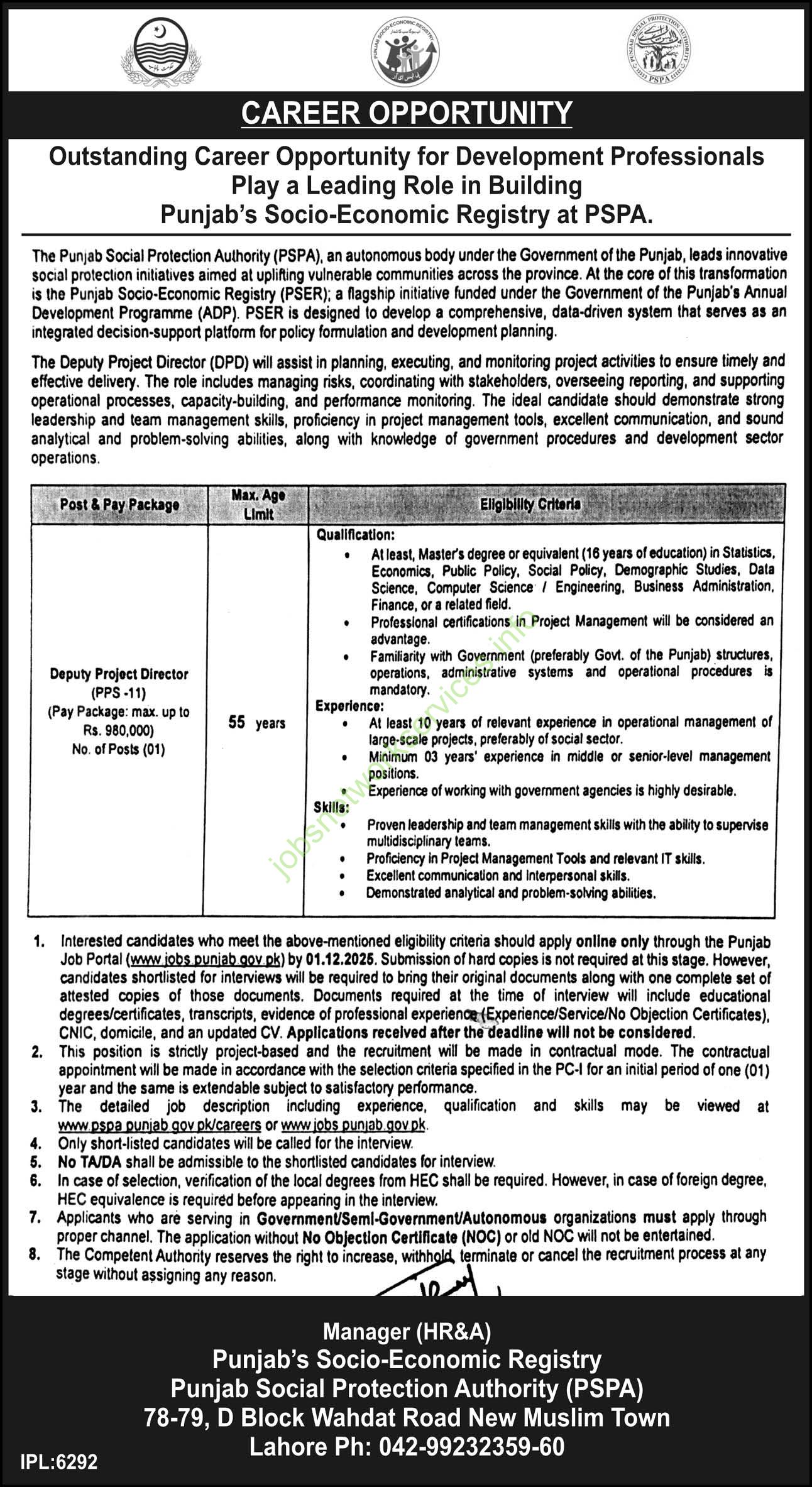 Jobs in Punjab Social Protection Authority (PSPA) GoP November 2025